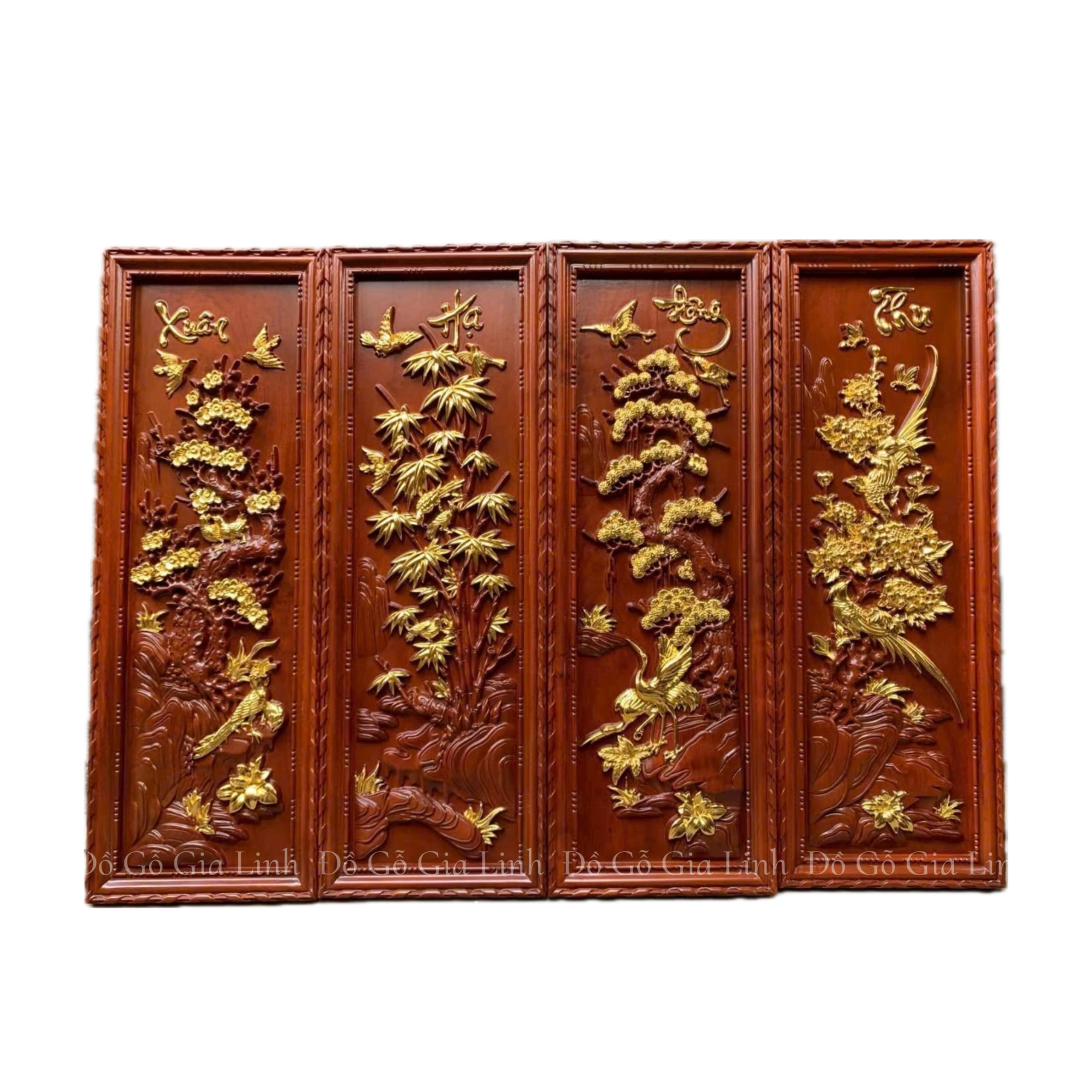 Bộ Tranh Tứ Quý Xuân Hạ Thu Đông Gỗ Hương Dát Vàng KT 107cm x 37cm x 4cm/Tấm