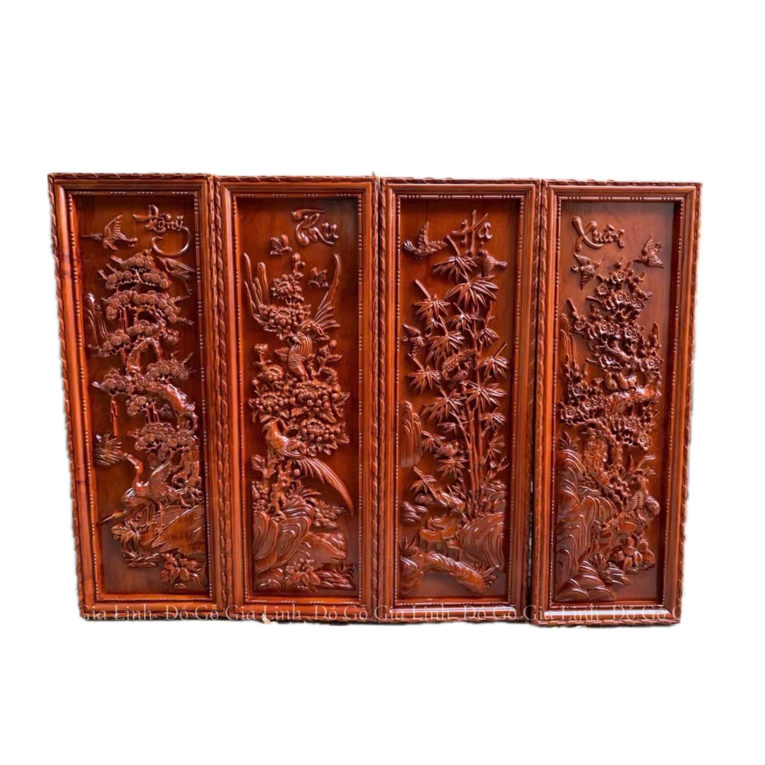 Bộ Tranh Tứ Quý Xuân Hạ Thu Đông Gỗ Hương Kích Thước 107cm x 37cm x 4cm