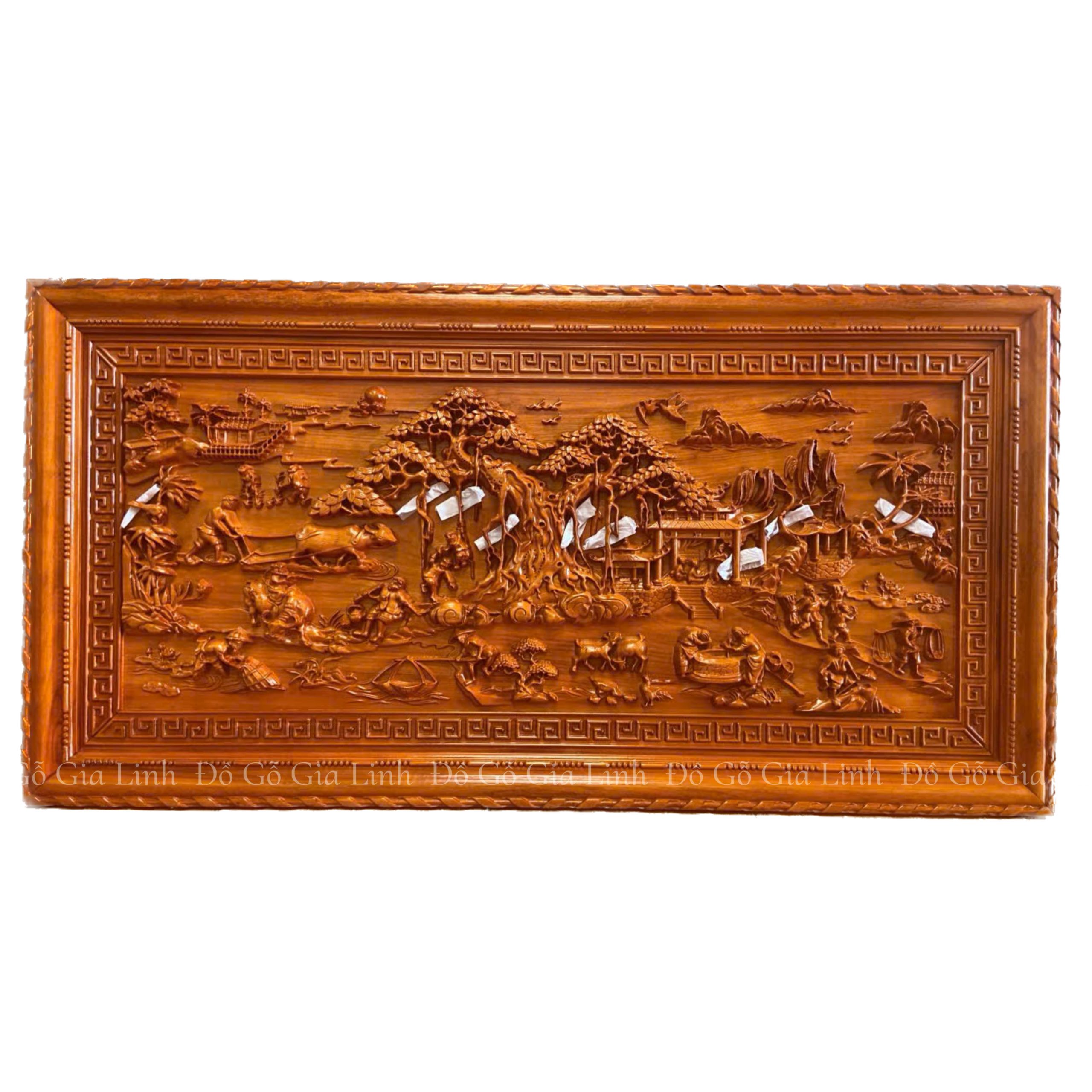 Tranh Đục Cảnh Đồng Quê Gỗ Hương Kích Thước 1m55x79cm Dày 4cm