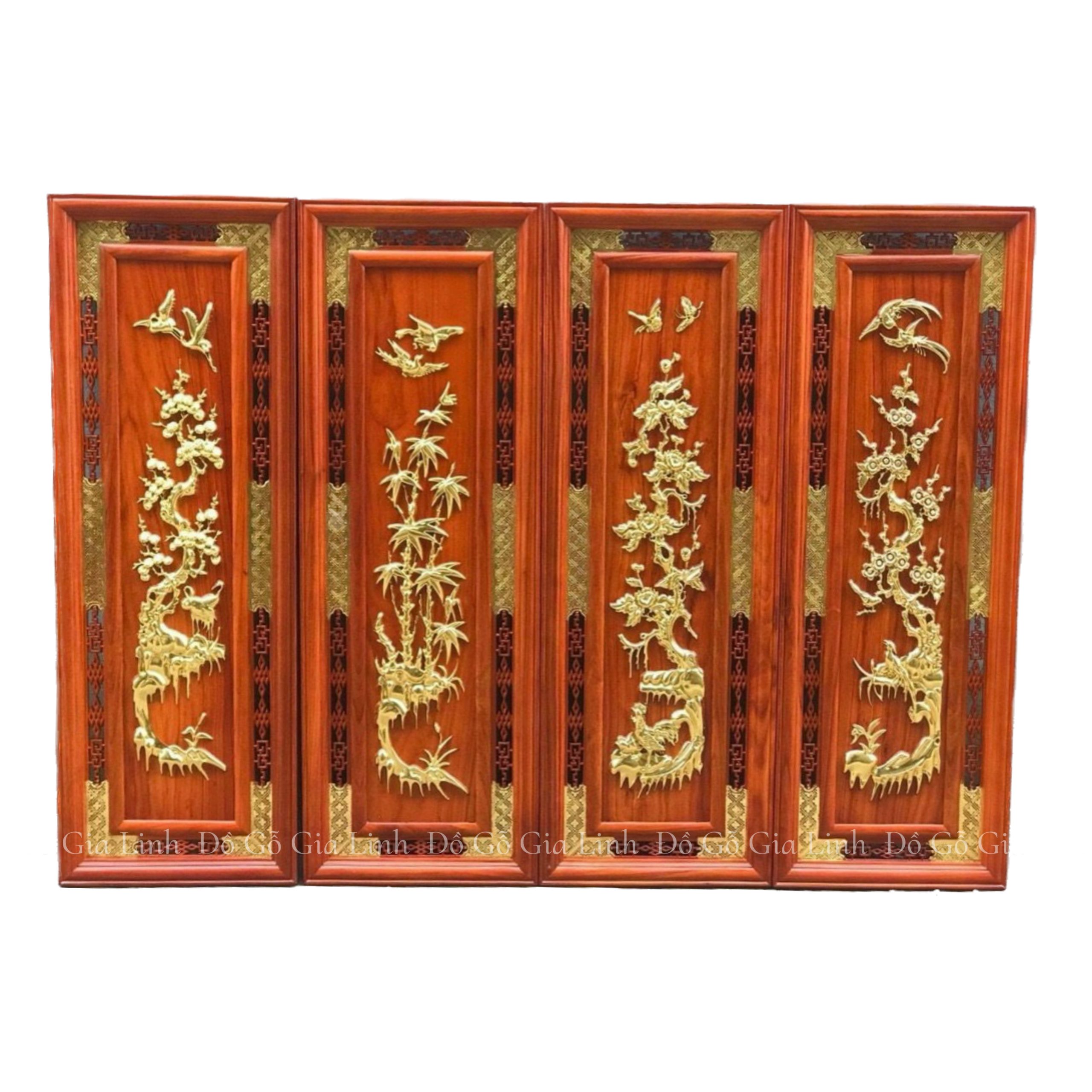 Bộ Tranh Tứ Quý Gỗ Hương Dát Vàng Kích Thước 107cmx37cm Dày 3cm