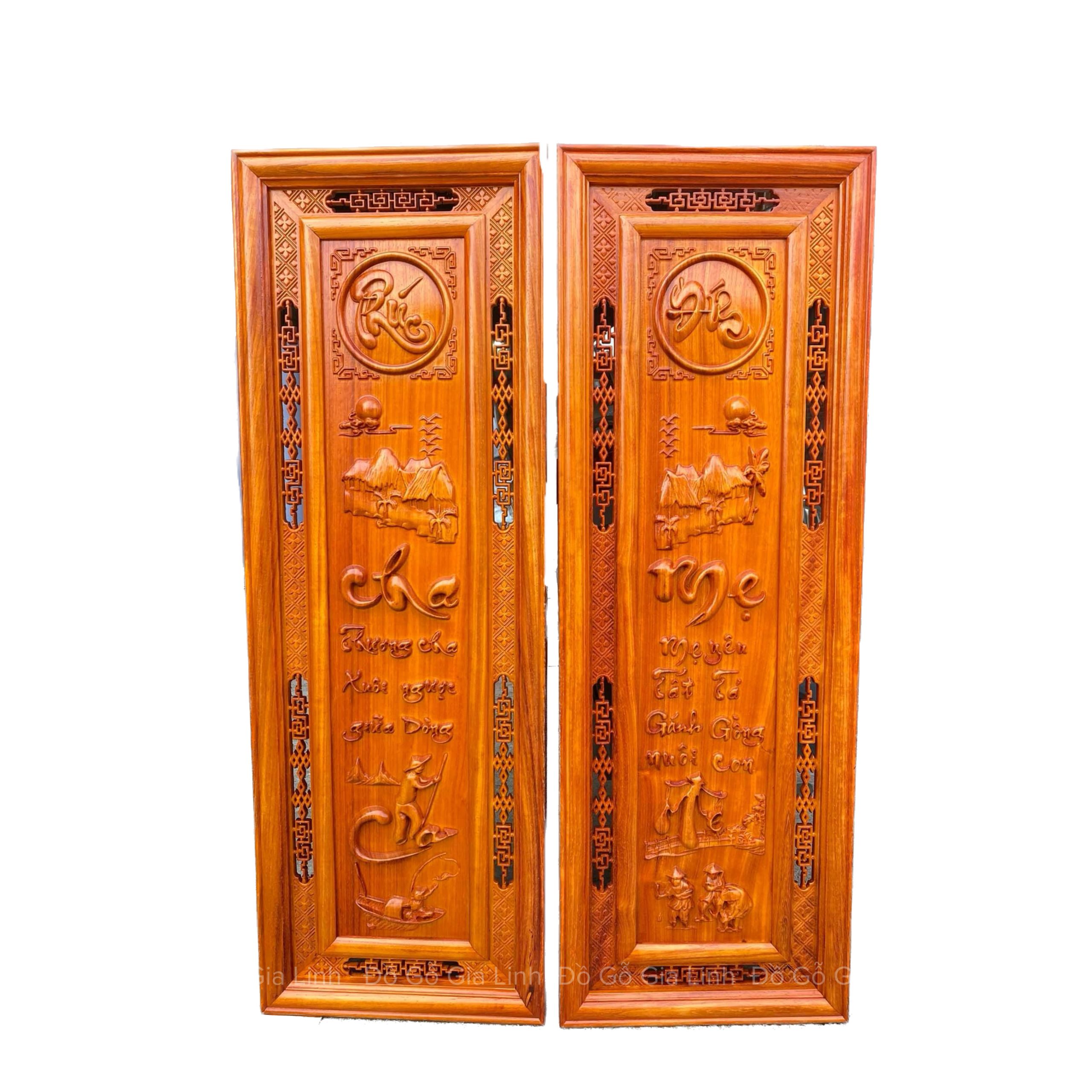 Bộ Tranh Cha Mẹ Gỗ Hương Phun Pu Kích Thước 1m07x37cmx3cm