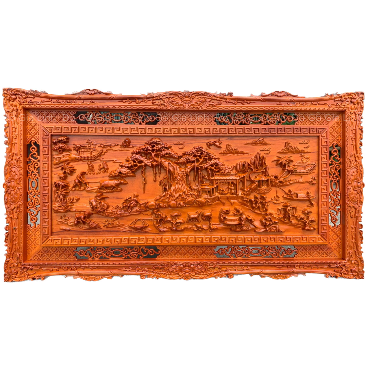 Tranh Đục Cảnh Đồng Quê Gỗ Hương Kích Thước 1m27x67cm Dày 4cm