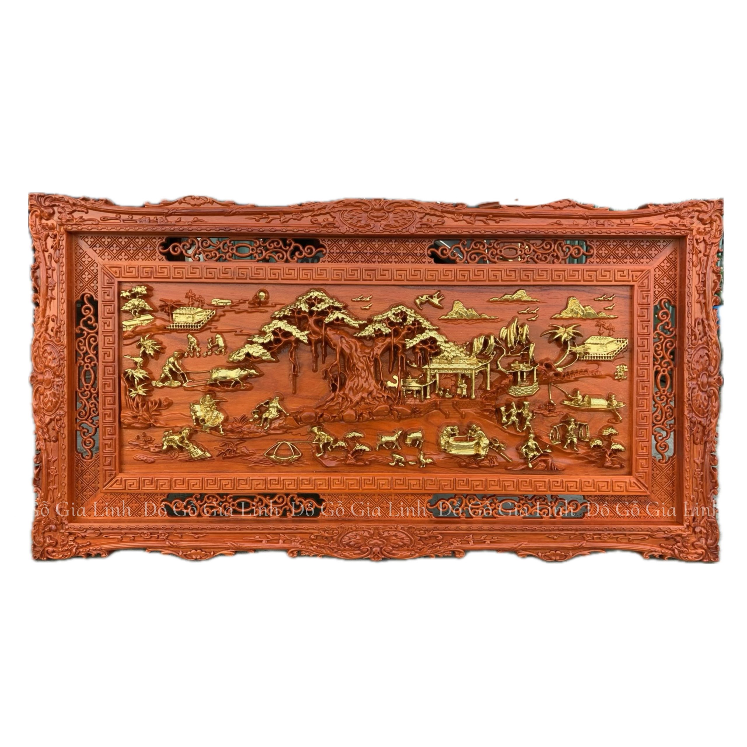 Tranh Đồng Quê Gỗ Hương Dát Vàng Kích Thước 1m27x67cm Dày 4cm