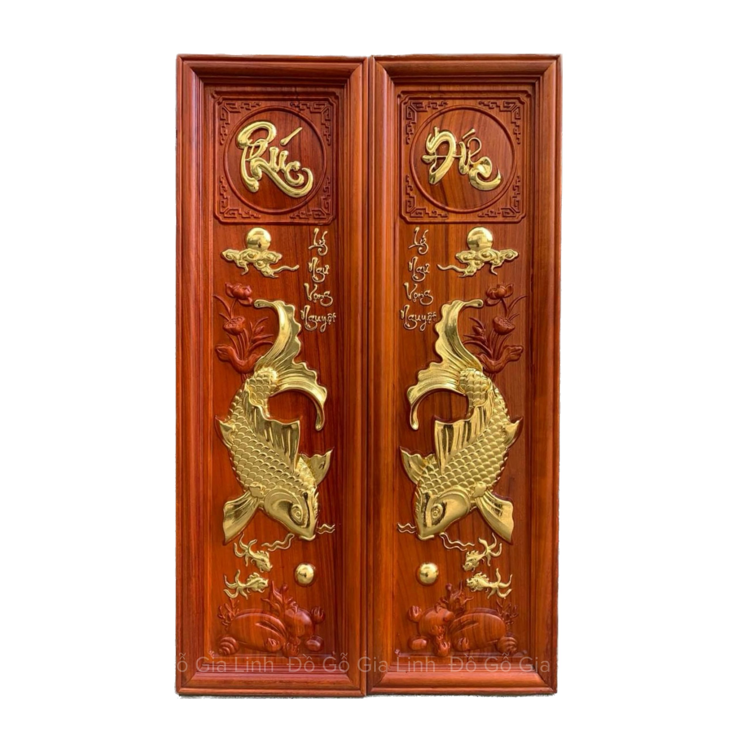 Bộ Tranh Lý Ngư Vọng Nguyệt Gỗ Hương Đỏ Dát Vàng Kích Thước 1mx30cmx3cm