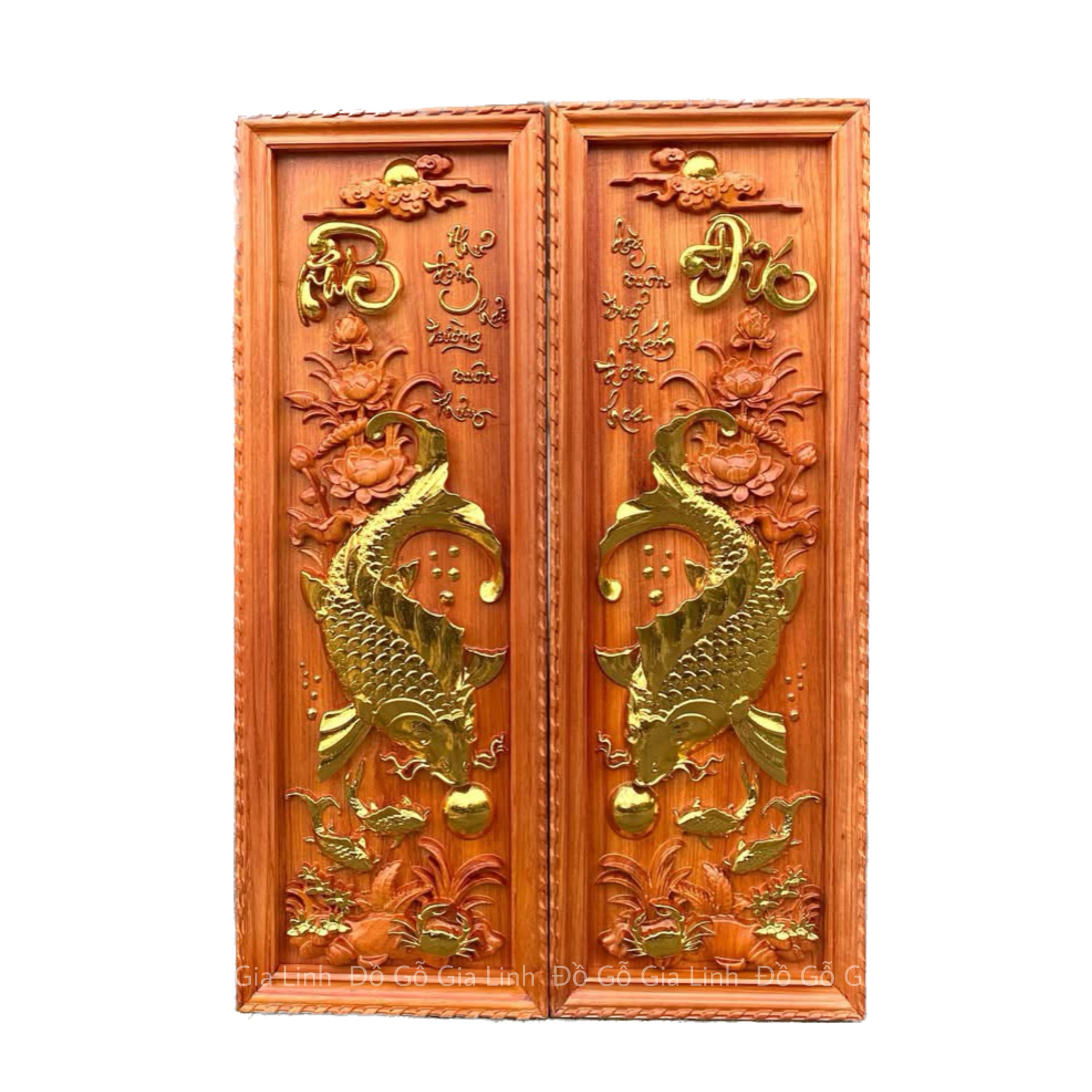 Bộ Tranh Lý Ngư Vọng Nguyệt Gỗ Hương Dát Vàng Kích Thước 1m07x37cmx4cm