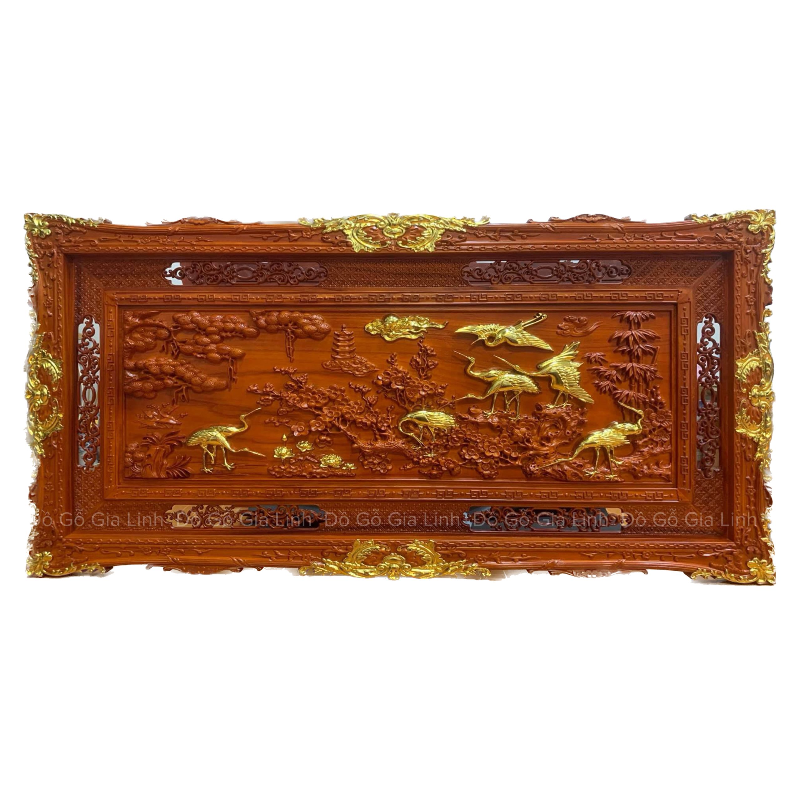 Tranh Cửu Hạc Du Xuân Gỗ Hương Đỏ Dát Vàng Kích Thước 1m55x79cmx4cm