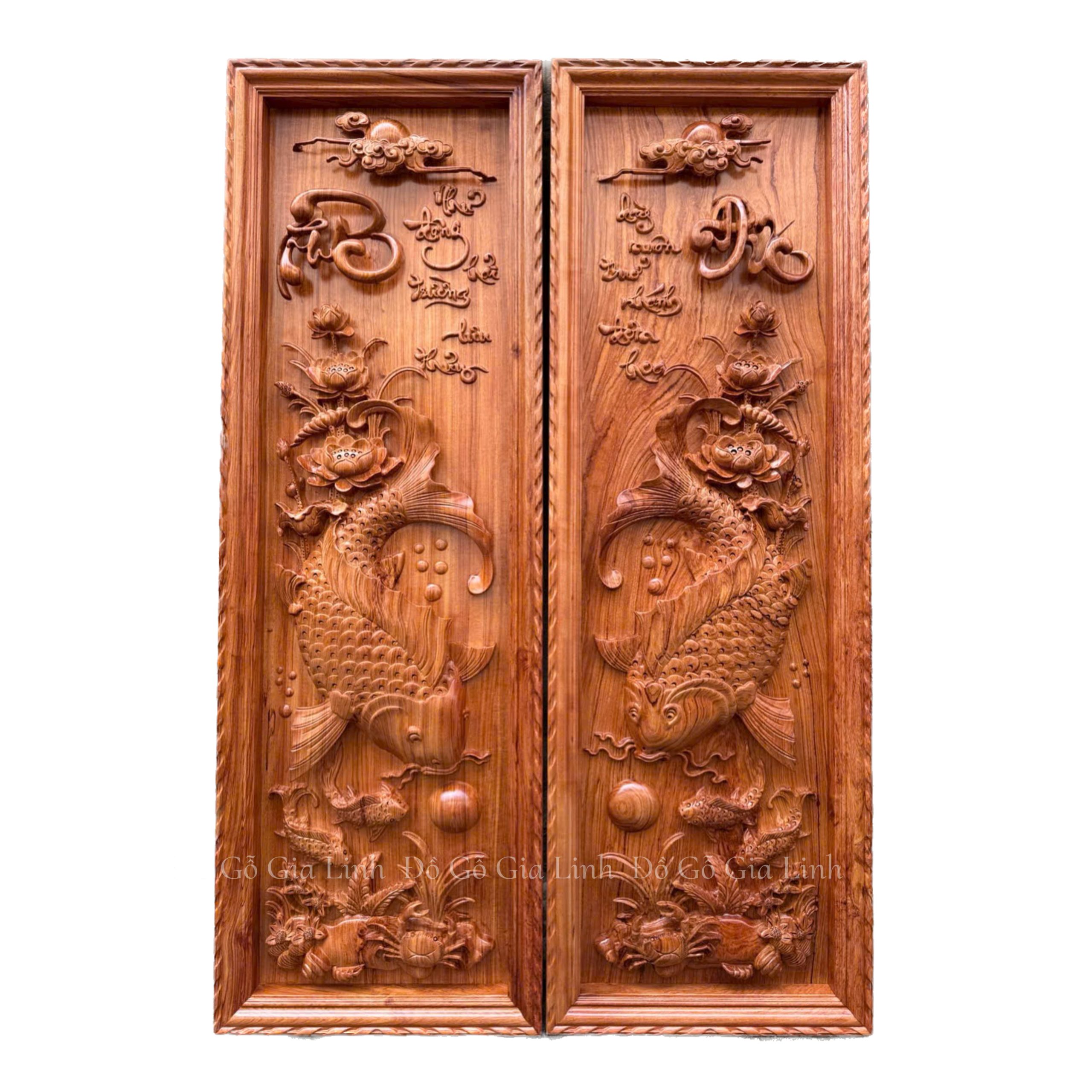 Bộ Tranh Lý Ngư Vọng Nguyệt Gỗ Hương Đá Kích Thước 1m27x42cm Dày 5cm