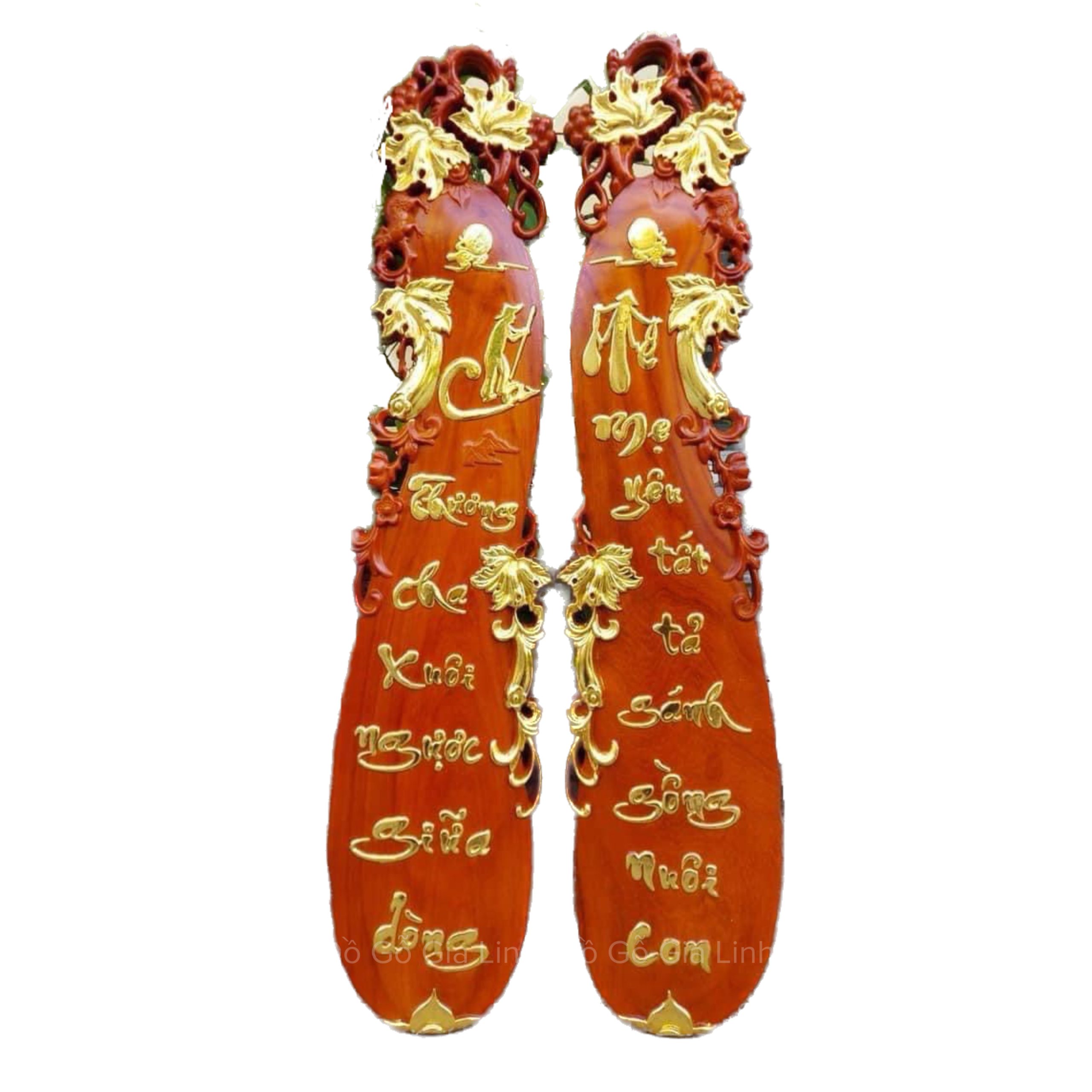 Bộ Tranh Bầu Câu Đối Cha Mẹ Gỗ Hương Liền Khối Dát Vàng Kích Thước 1m05x25cmx4cm
