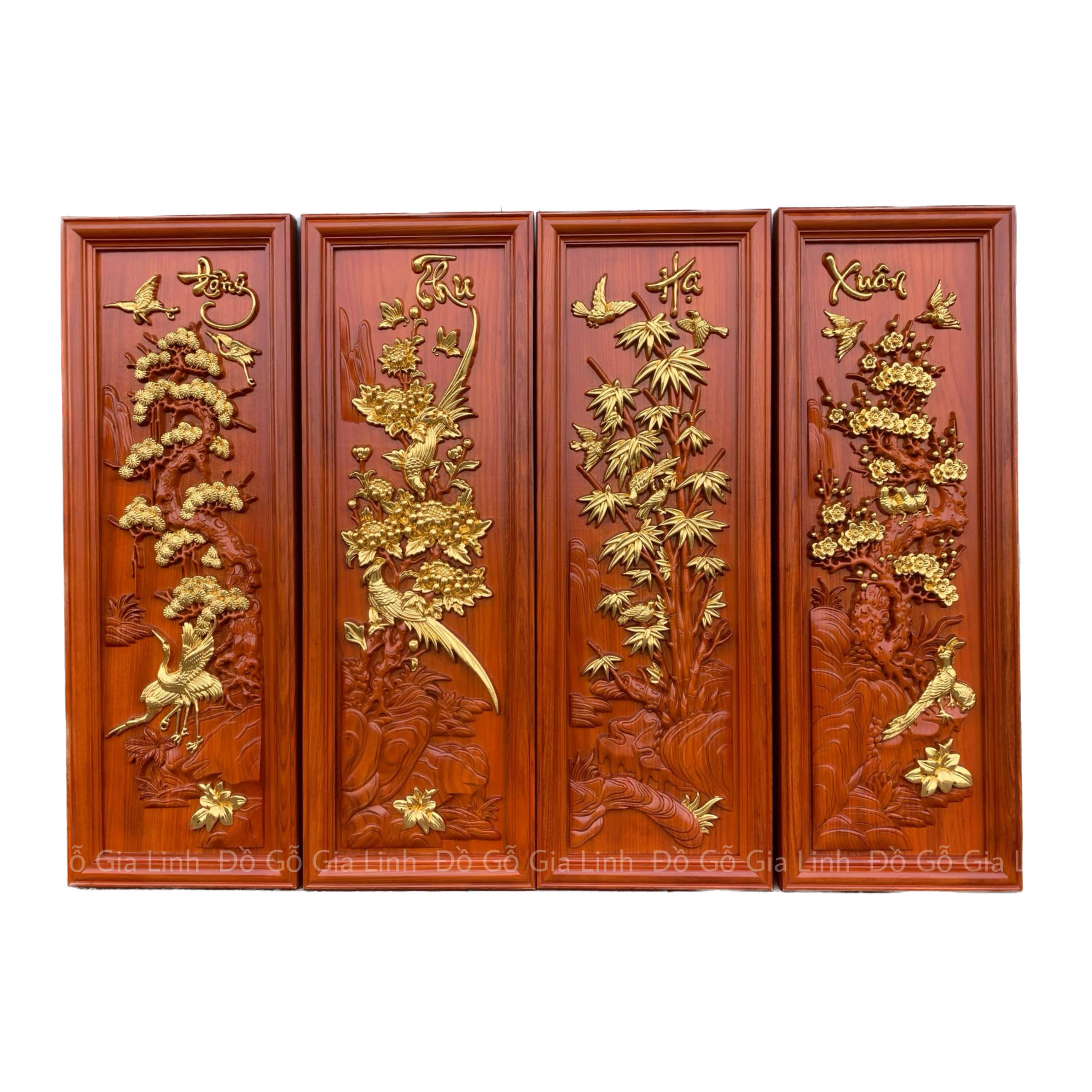 Bộ Tranh Tứ Quý Xuân Hạ Thu Đông Gỗ Hương Dát Vàng Kích Thước 107cmx37cmx4cm