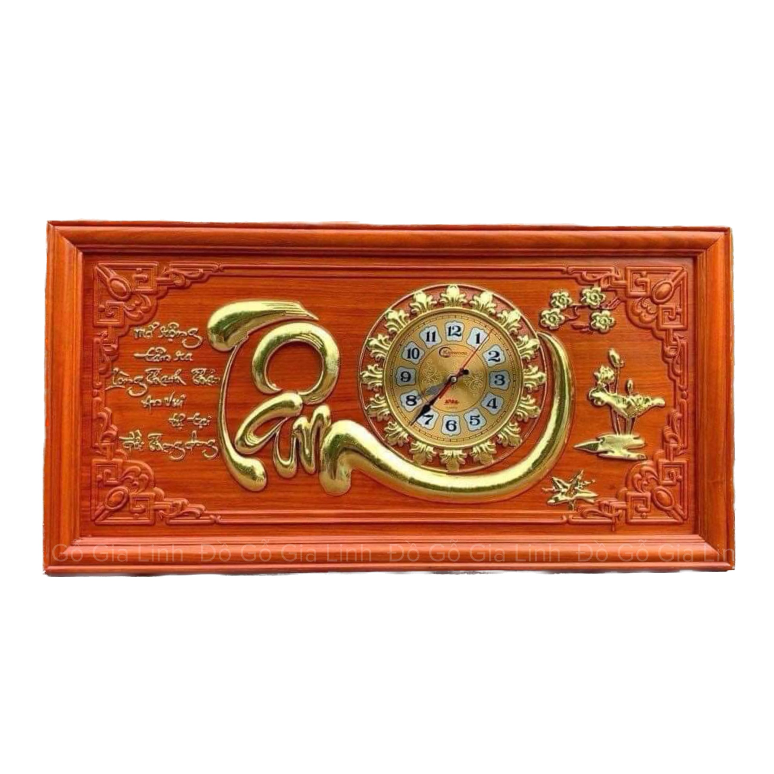 Tranh Đồng Hồ Chữ Tâm Gỗ Hương Đỏ Dát Vàng Kích Thước 81cmx41cm
