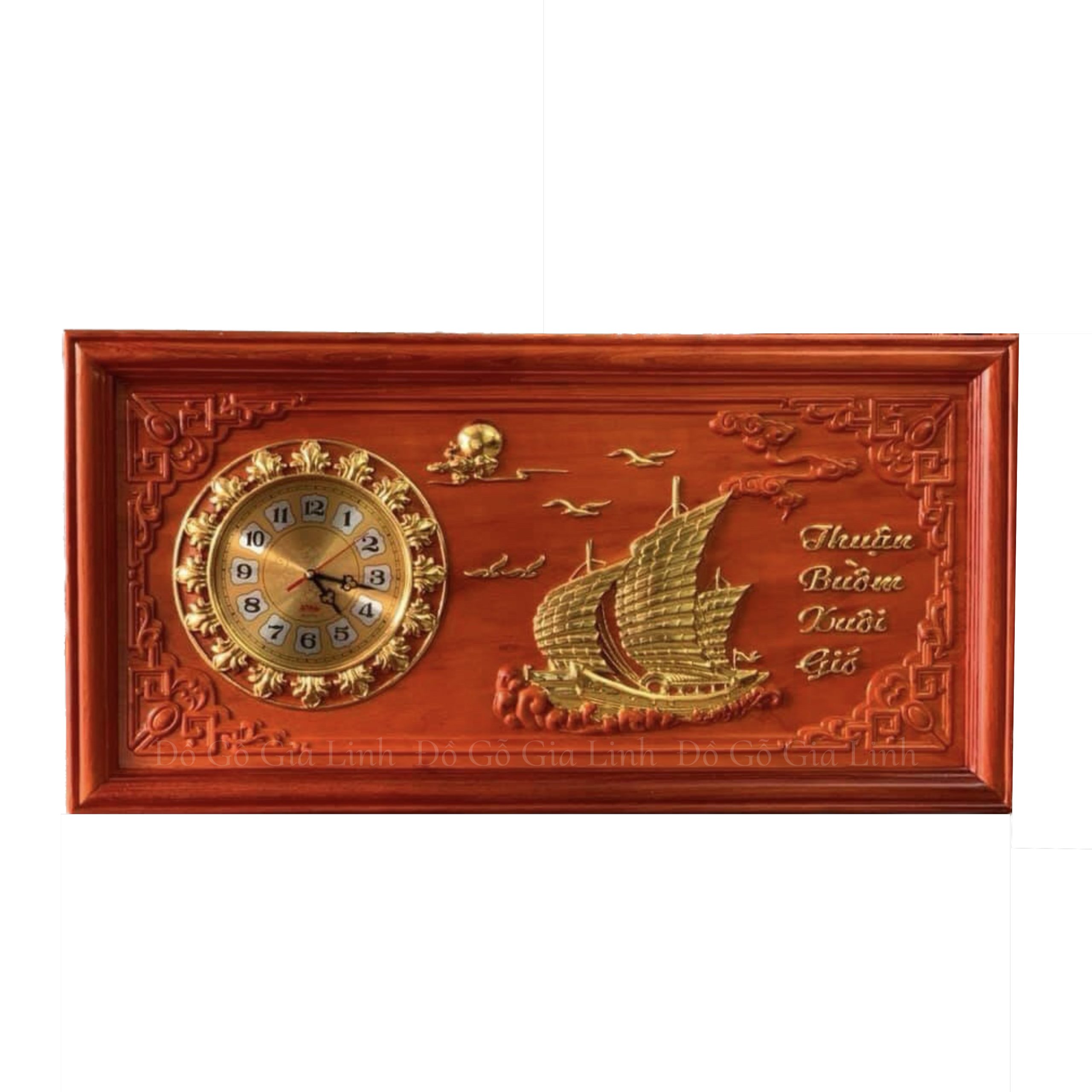Tranh Đồng Hồ Thuận Buồm Xuôi Gió Gỗ Hương Đỏ Dát Vàng Kích Thước 81cmx41cm