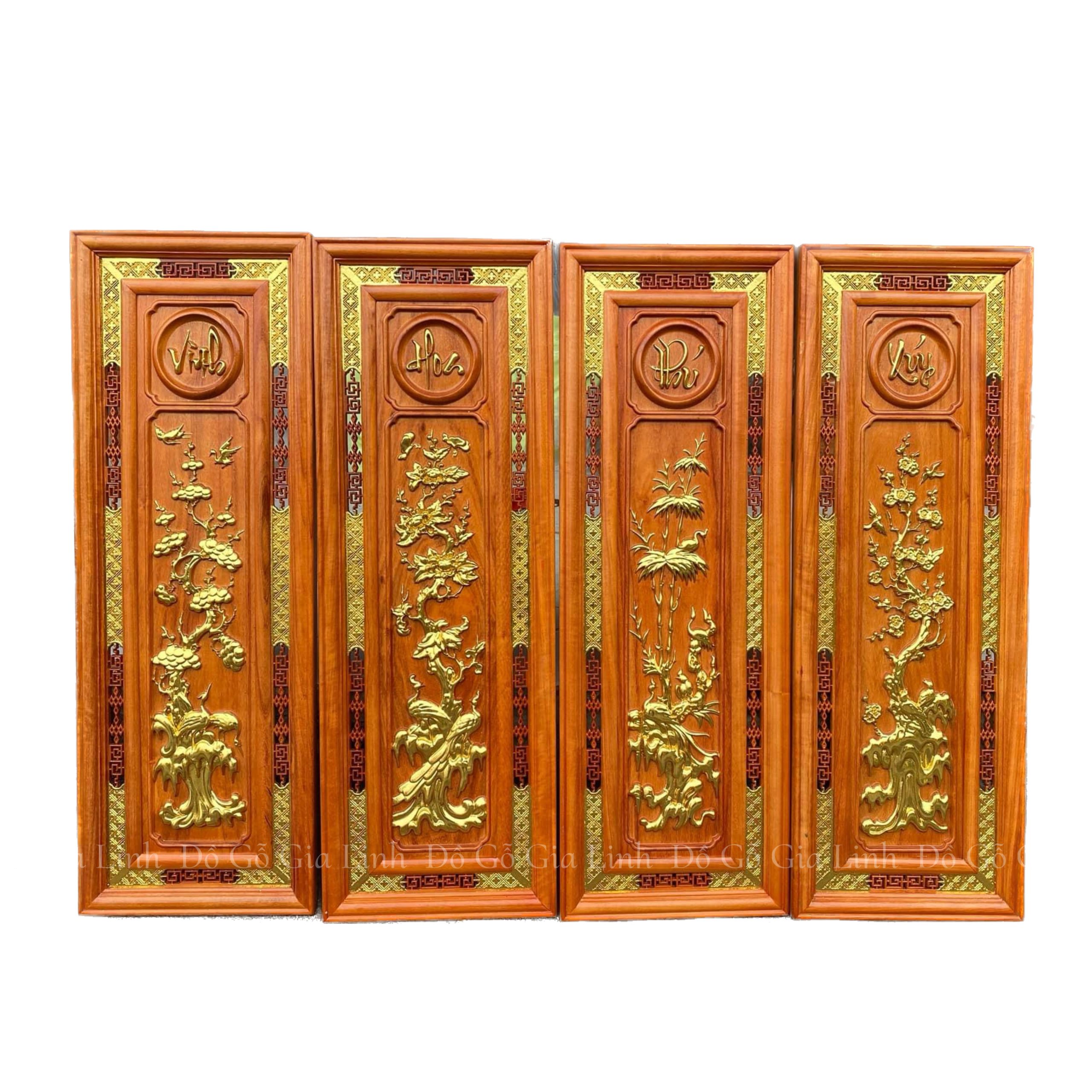 Bộ Tranh Tứ Quý Vinh Hoa Phú Quý Gỗ Hương Dát Vàng Kích Thước 1m07x37cm