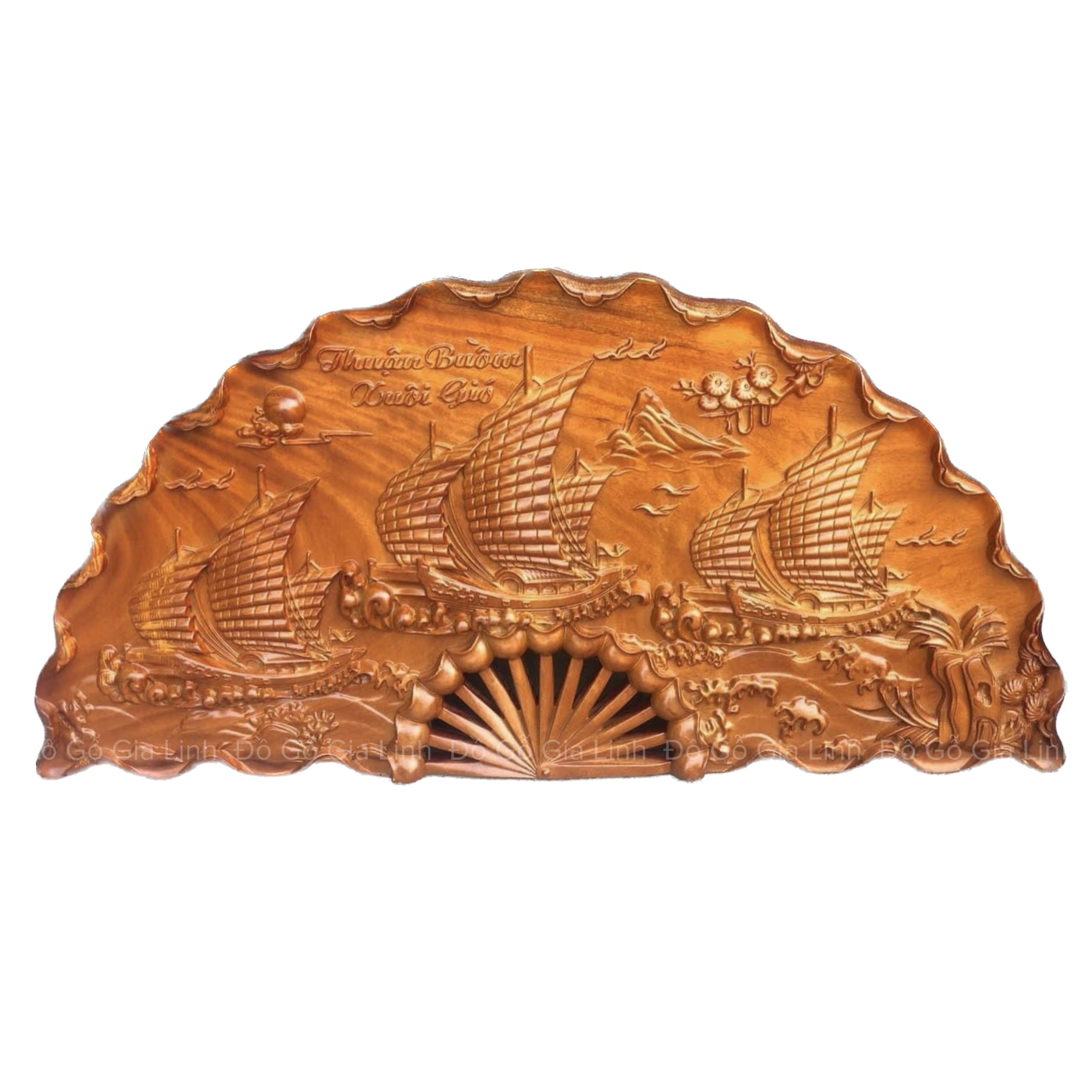 Tranh Quạt Thuận Buồm Xuôi Gió Gỗ Hương Liền Khối Phun Pu Kích Thước 1mx50cmx4cm