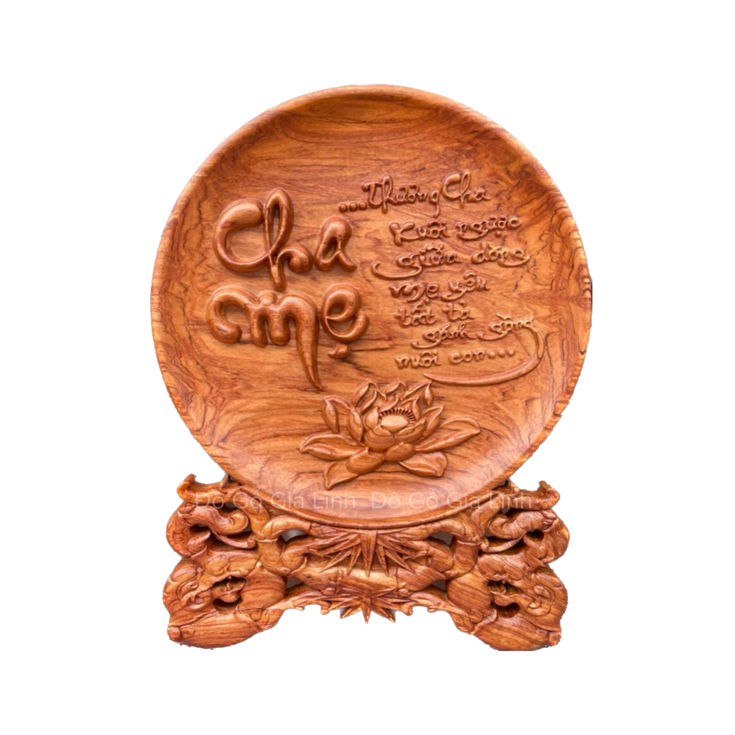 Đĩa Cha Mẹ Gỗ Hương Đá Liền Khối Mặt 30cm Kèm Chân Đế
