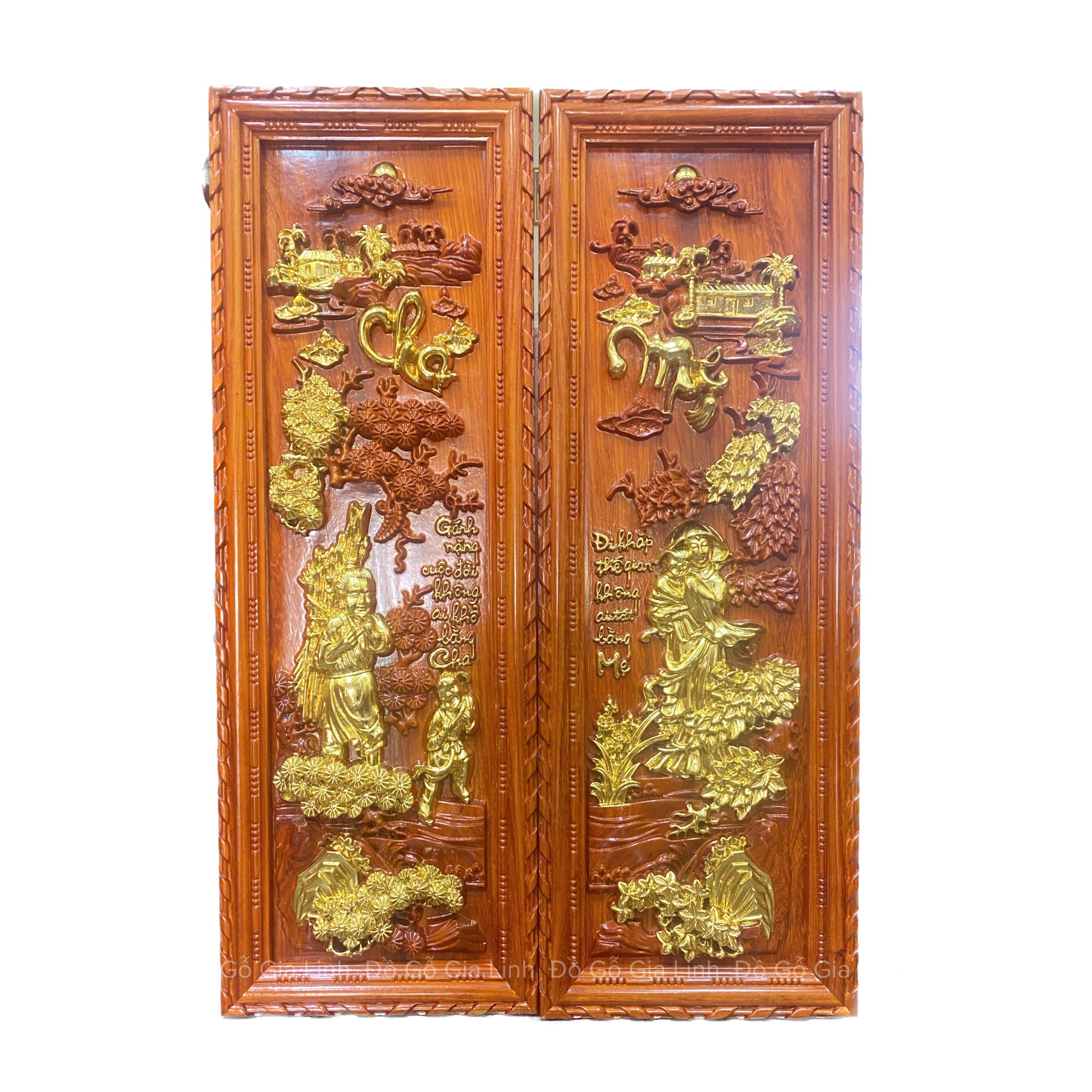 Bộ Tranh Cha Mẹ Gỗ Hương Dát Vàng Kích Thước 1m07x37cmx4cm