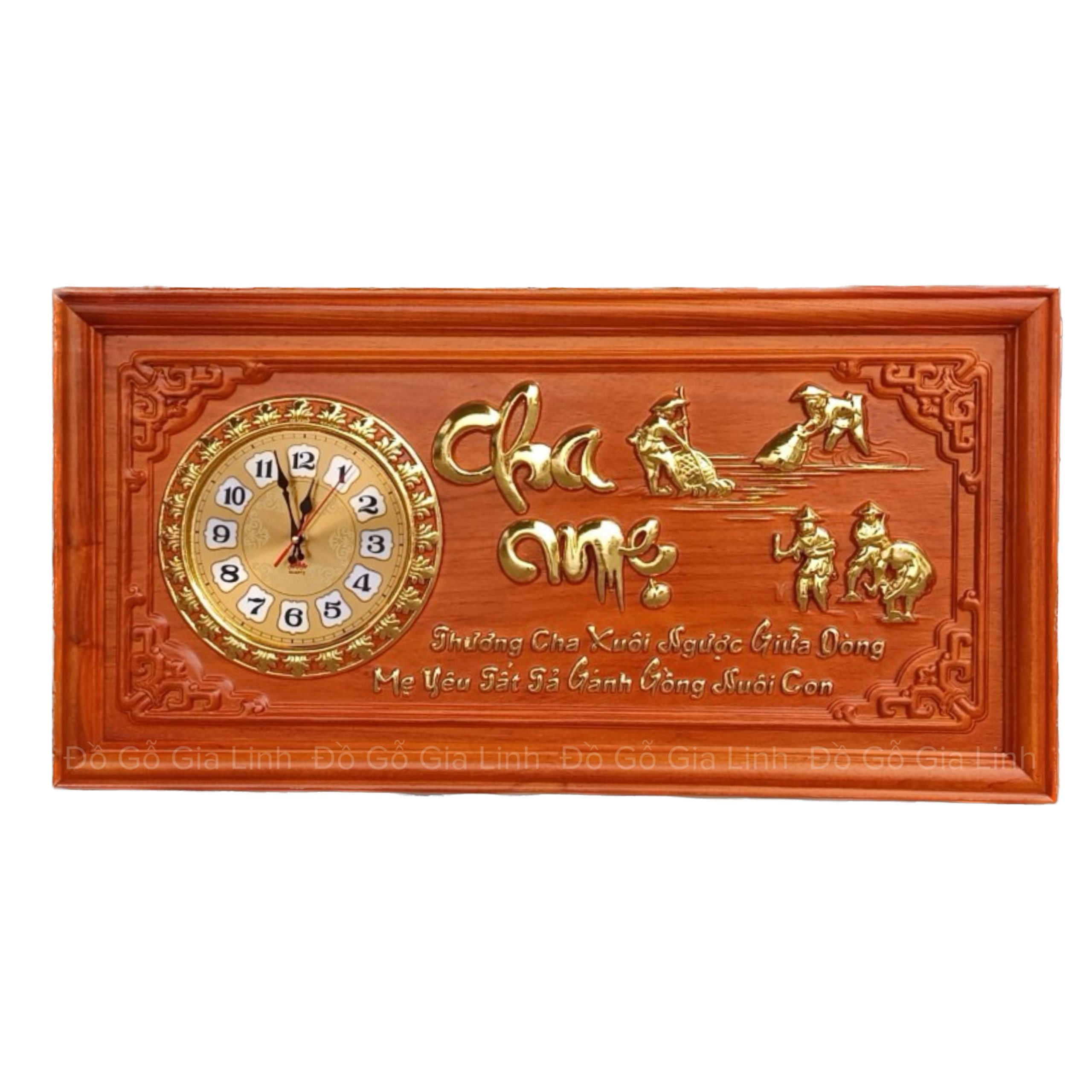 Tranh Đồng Hồ Cha Mẹ Gỗ Hương Đỏ Dát Vàng Kích Thước 81cmx41cm