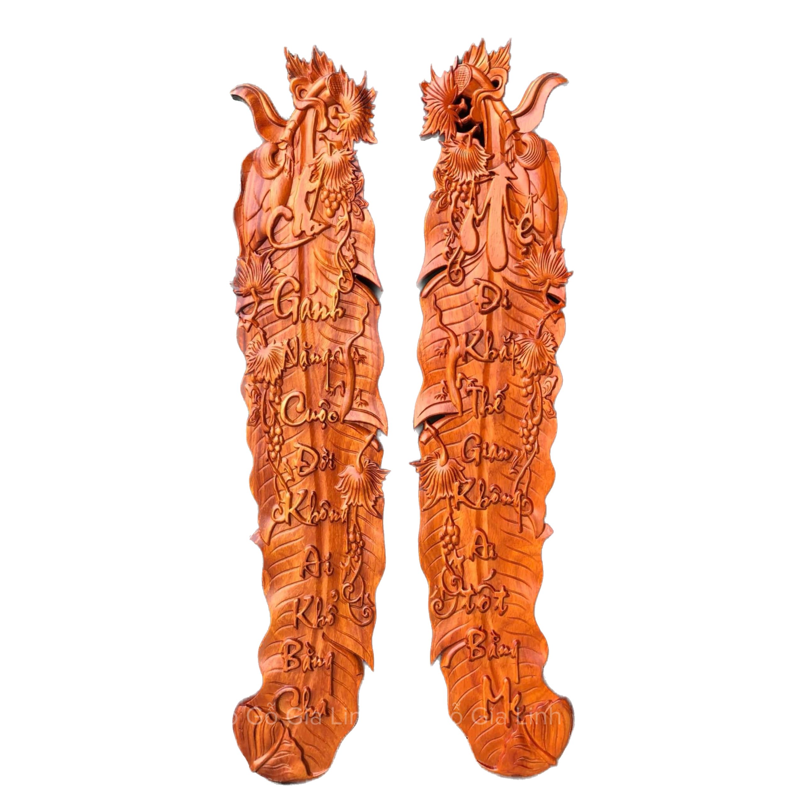 Bộ Tranh Lá Chuối Câu Đối Cha Mẹ Gỗ Hương Liền Khối Pu Kích Thước 1m05x25cmx4cm