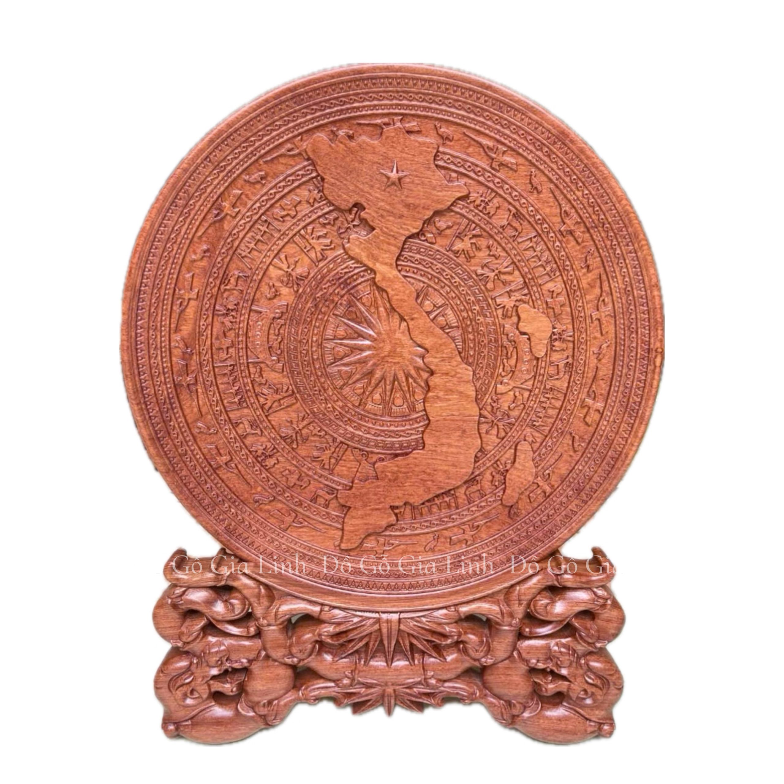 Đĩa Gỗ Trống Đồng Kèm Bản Đồ Gỗ Hương Đá Liền Khối Mặt 30cm