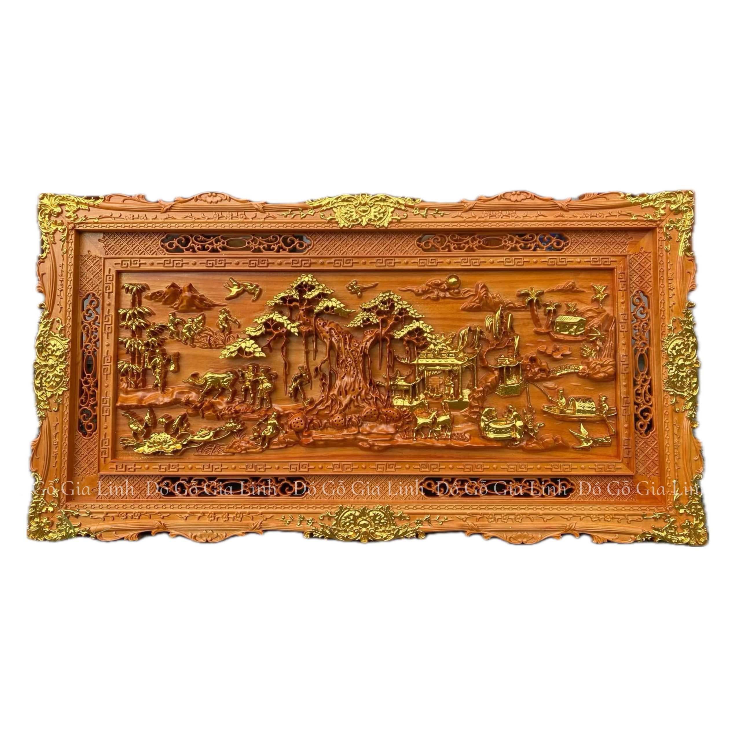 Tranh Đồng Quê Gỗ Hương Dát Vàng Kích Thước 1m55x79cm Dày 4cm