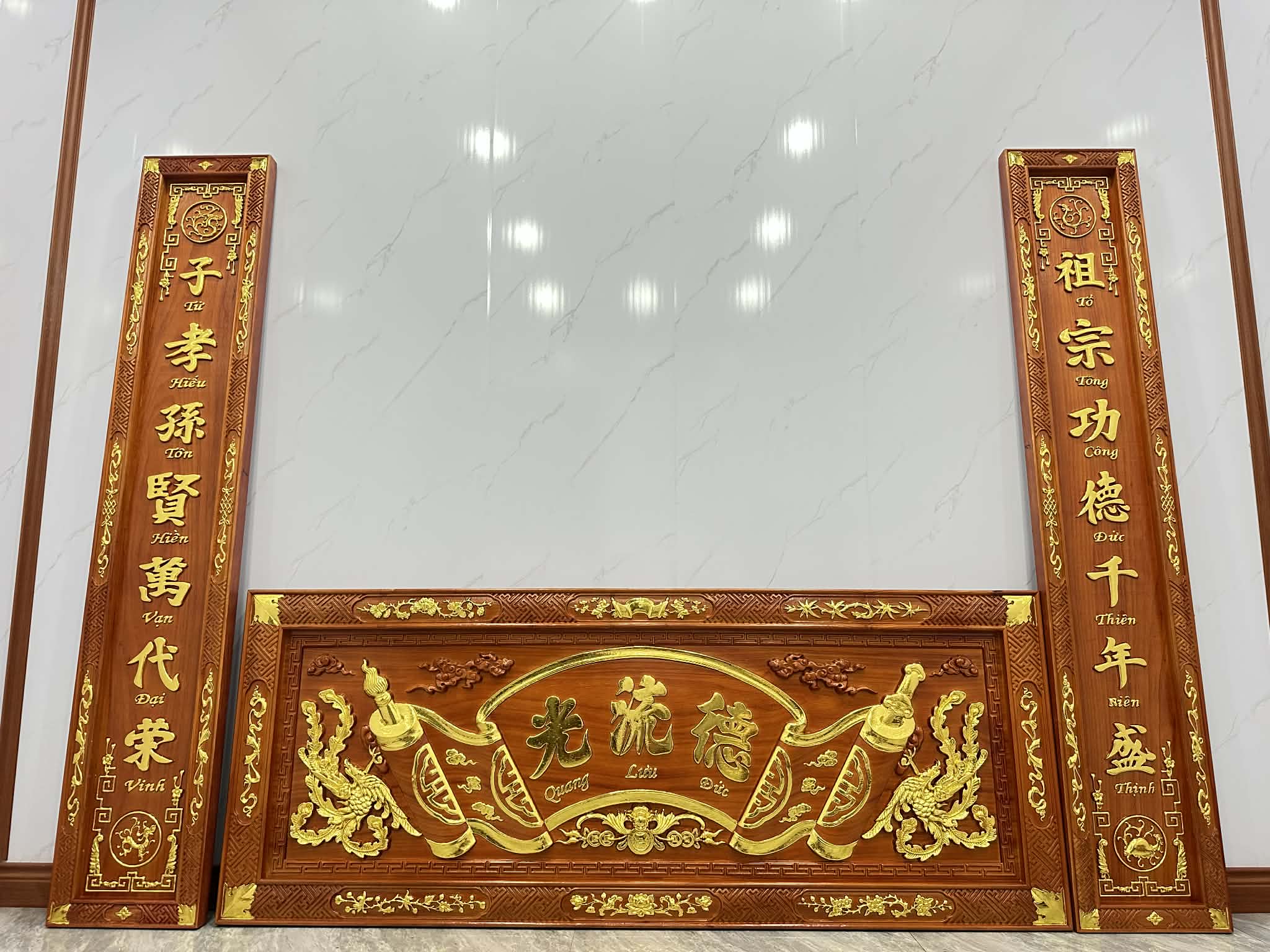 Bộ Hoành Phi Câu Đối Gỗ Hương Dát Vàng Nhiều Kích Thước