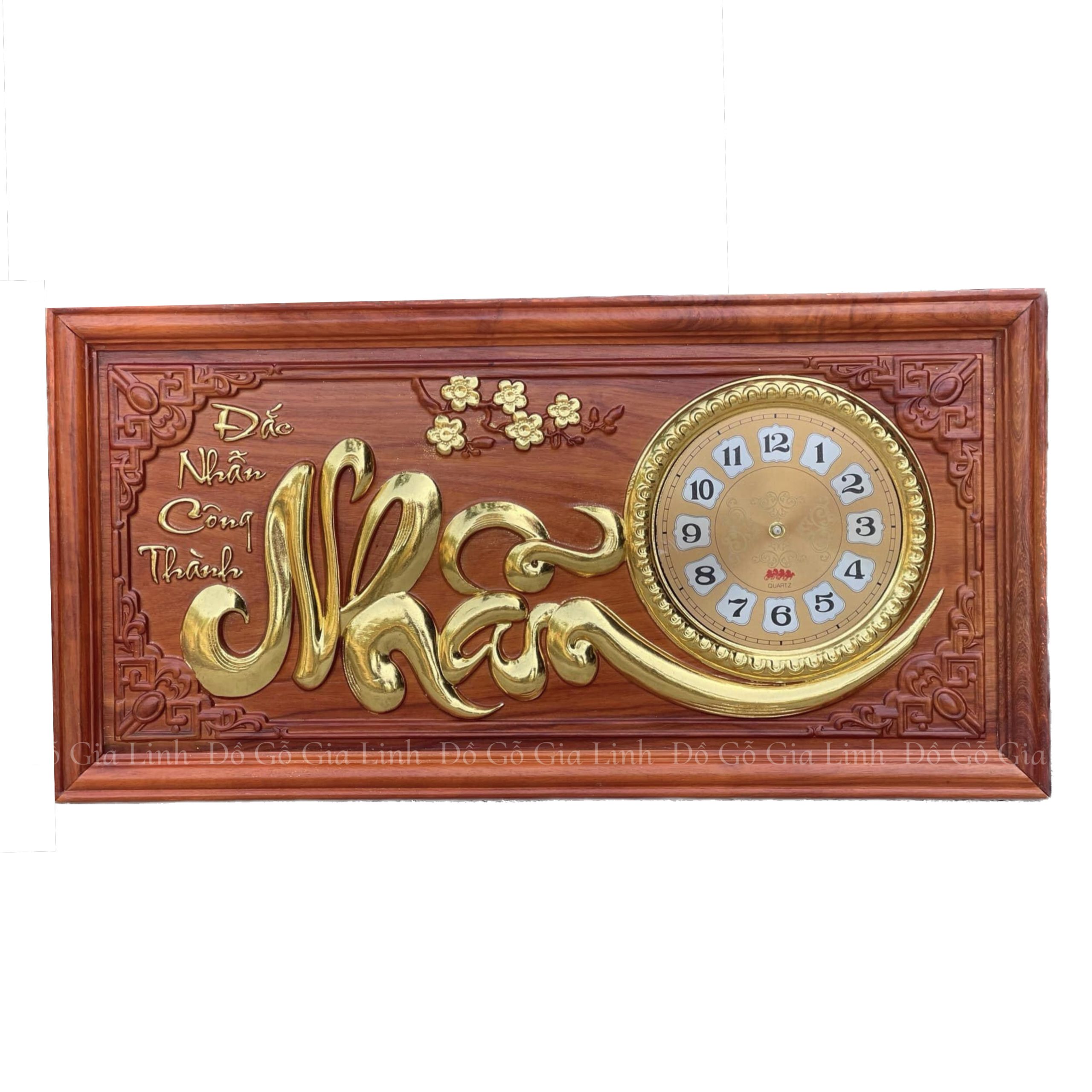Tranh Đồng Hồ Chữ Nhẫn Gỗ Hương Đỏ Dát Vàng Kích Thước 81cmx41cm