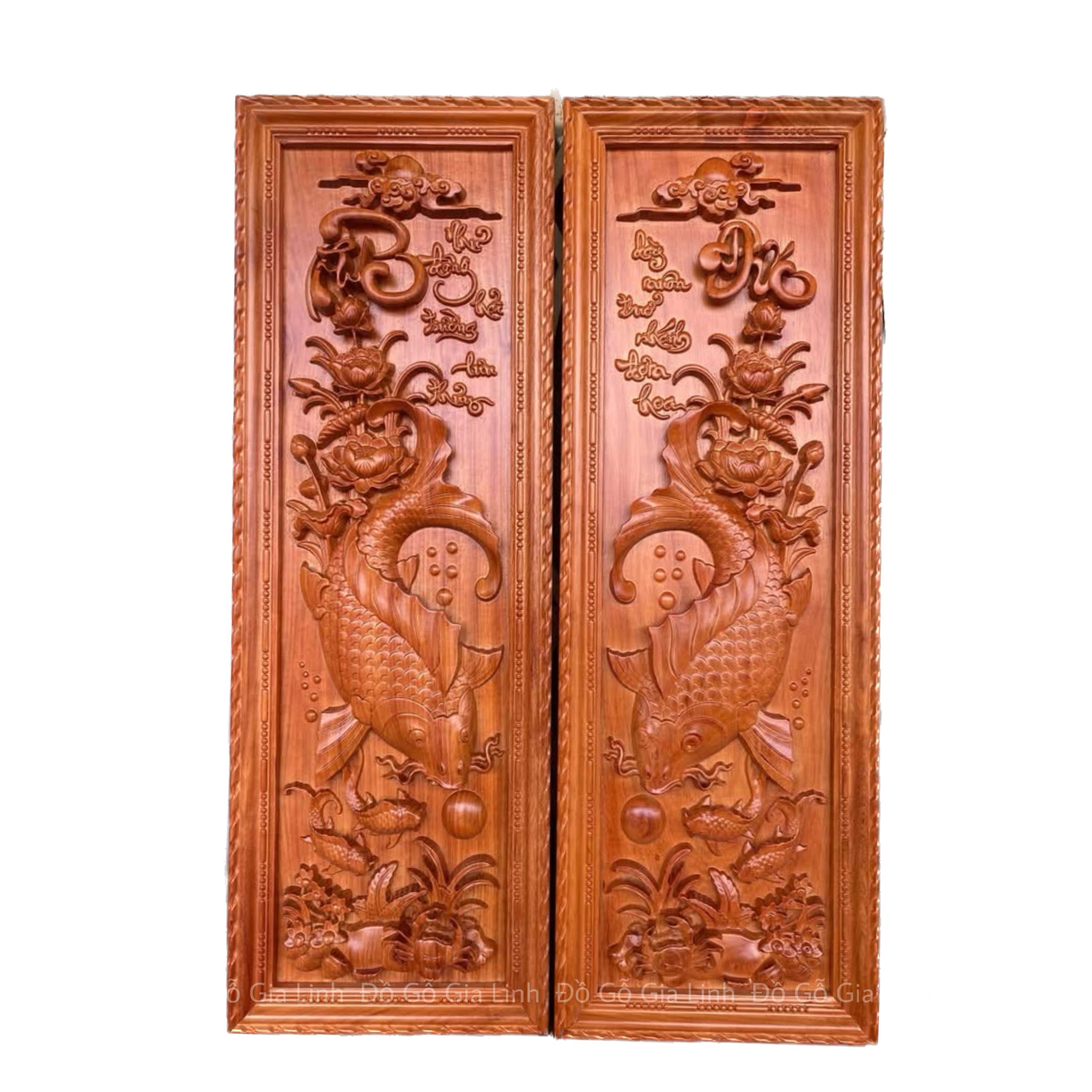 Bộ Tranh Lý Ngư Vọng Nguyệt Gỗ Hương Đỏ Phun Pu Kích Thước 1m07x37cmx4cm
