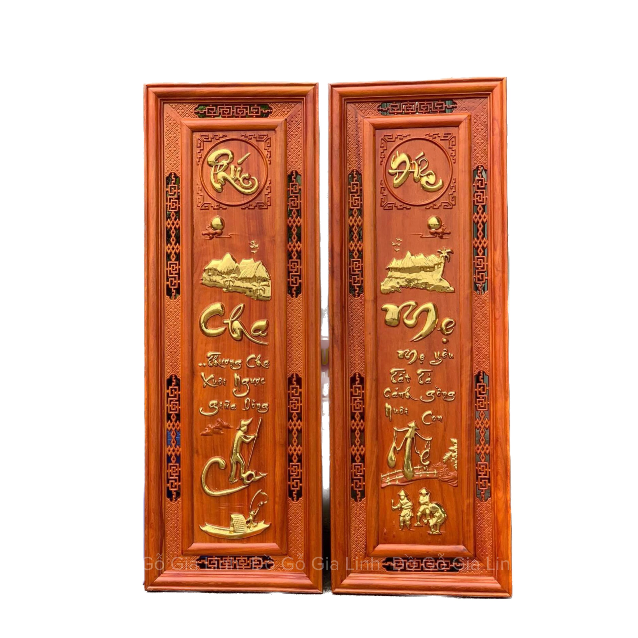 Bộ Tranh Cha Mẹ Gỗ Hương Dát Vàng Kích Thước 1m07x37cmx3cm