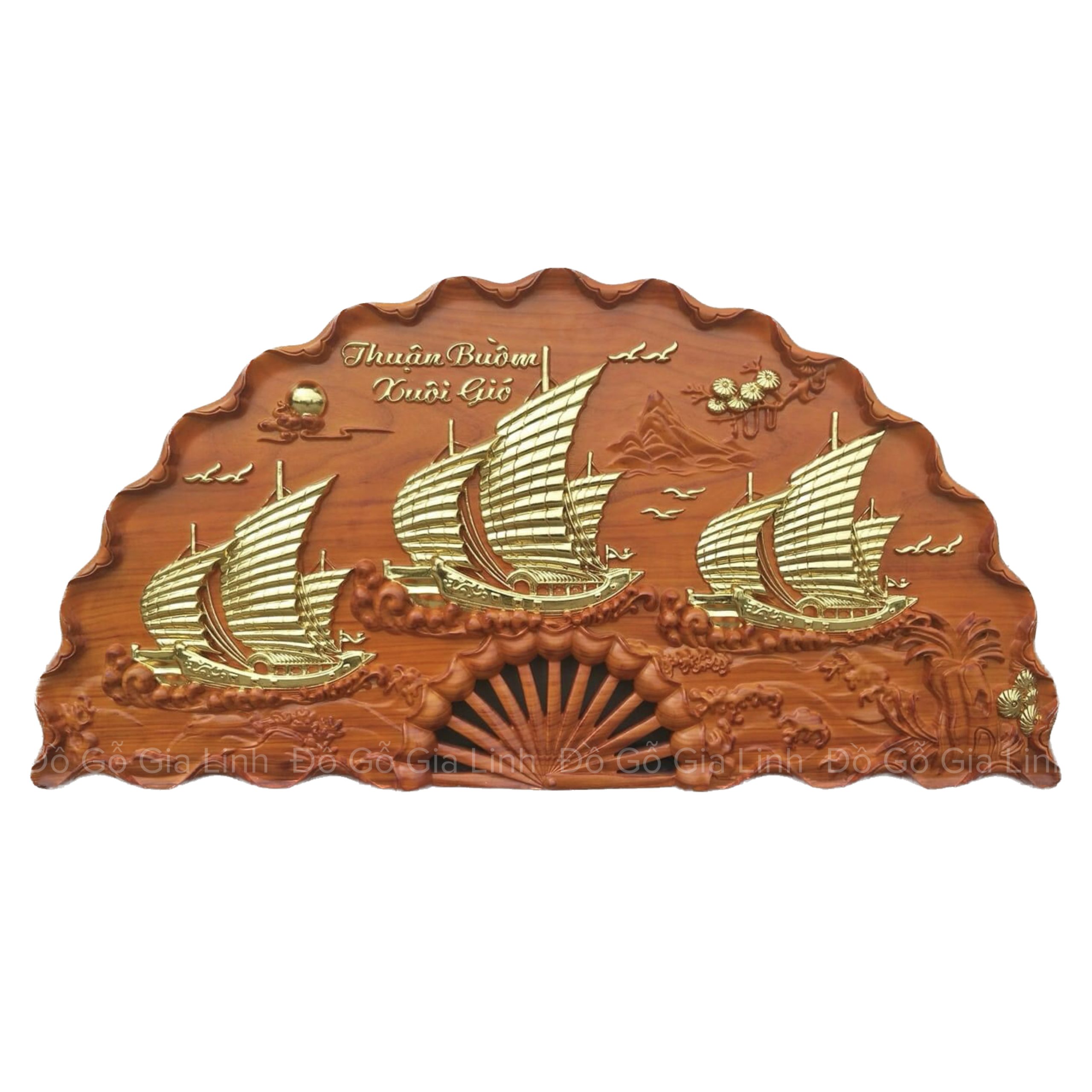Tranh Quạt Thuận Buồm Xuôi Gió Gỗ Hương Liền Khối Dát Vàng Kích Thước 1mx50cmx4cm