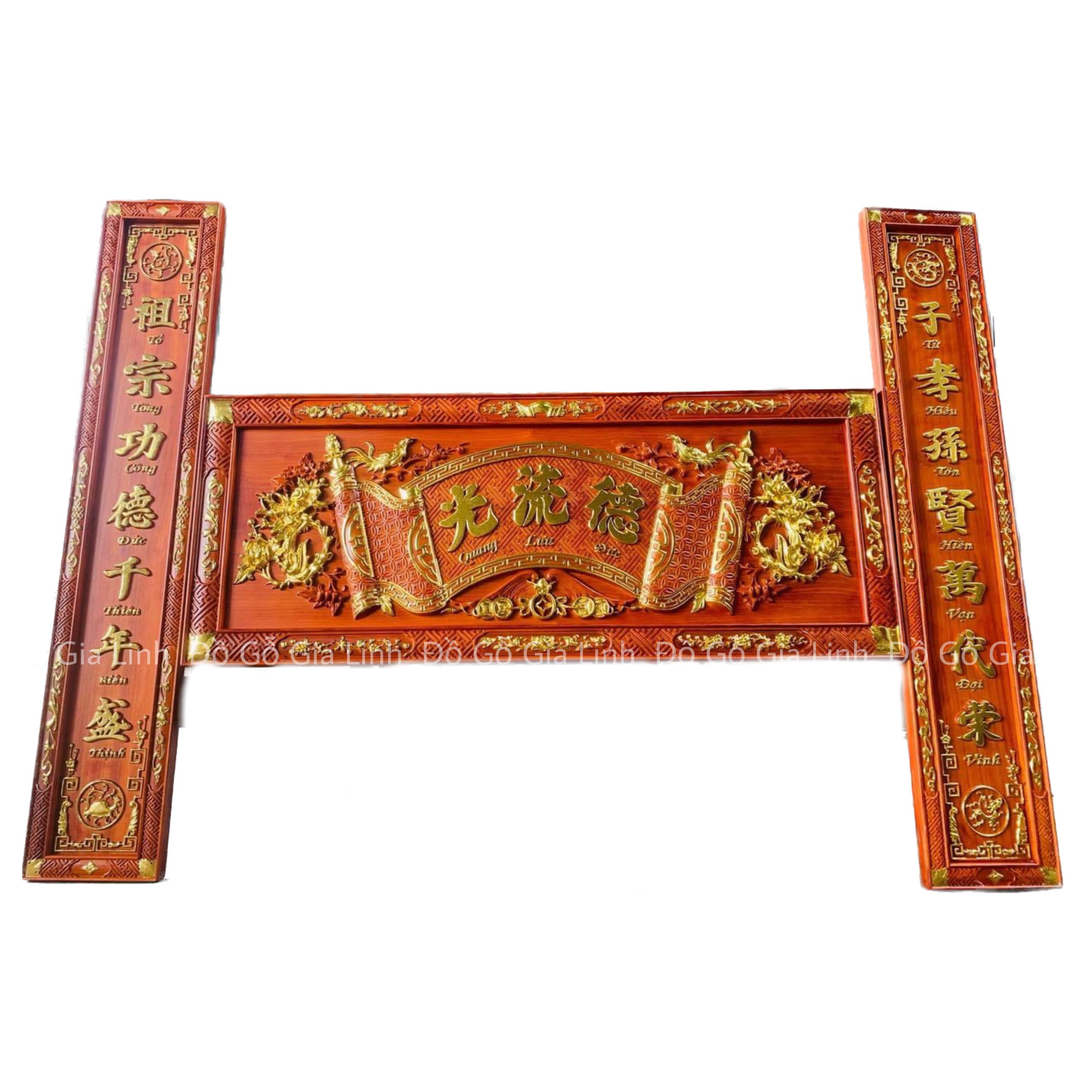 Bộ Hoành Phi Câu Đối Gỗ Hương Dát Vàng Kích Thước 1m27