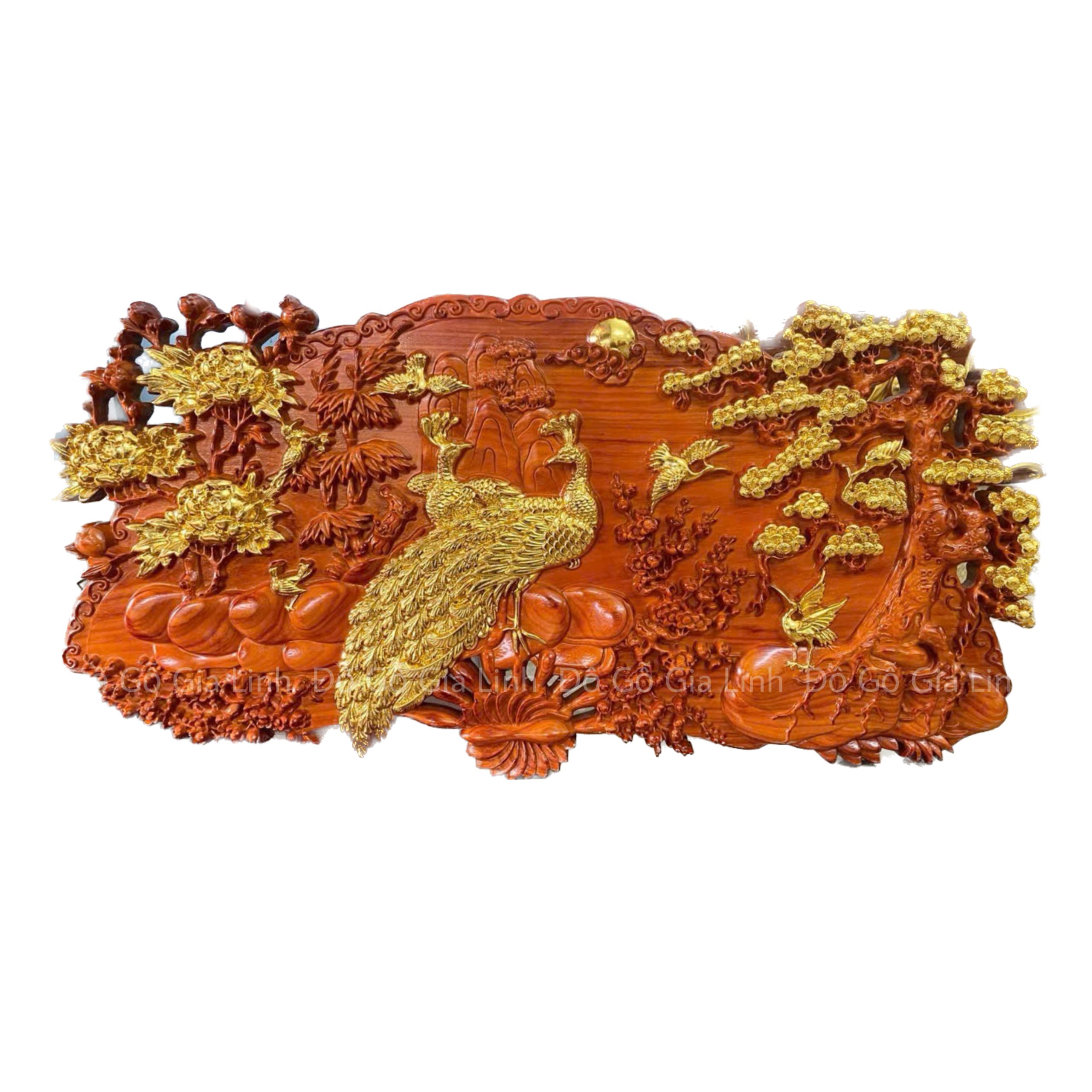 Tranh Quạt Phu Thê Viên Mãn Gỗ Hương Liền Khối Dát Vàng Kích Thước 1m2x60cm Dày 4cm