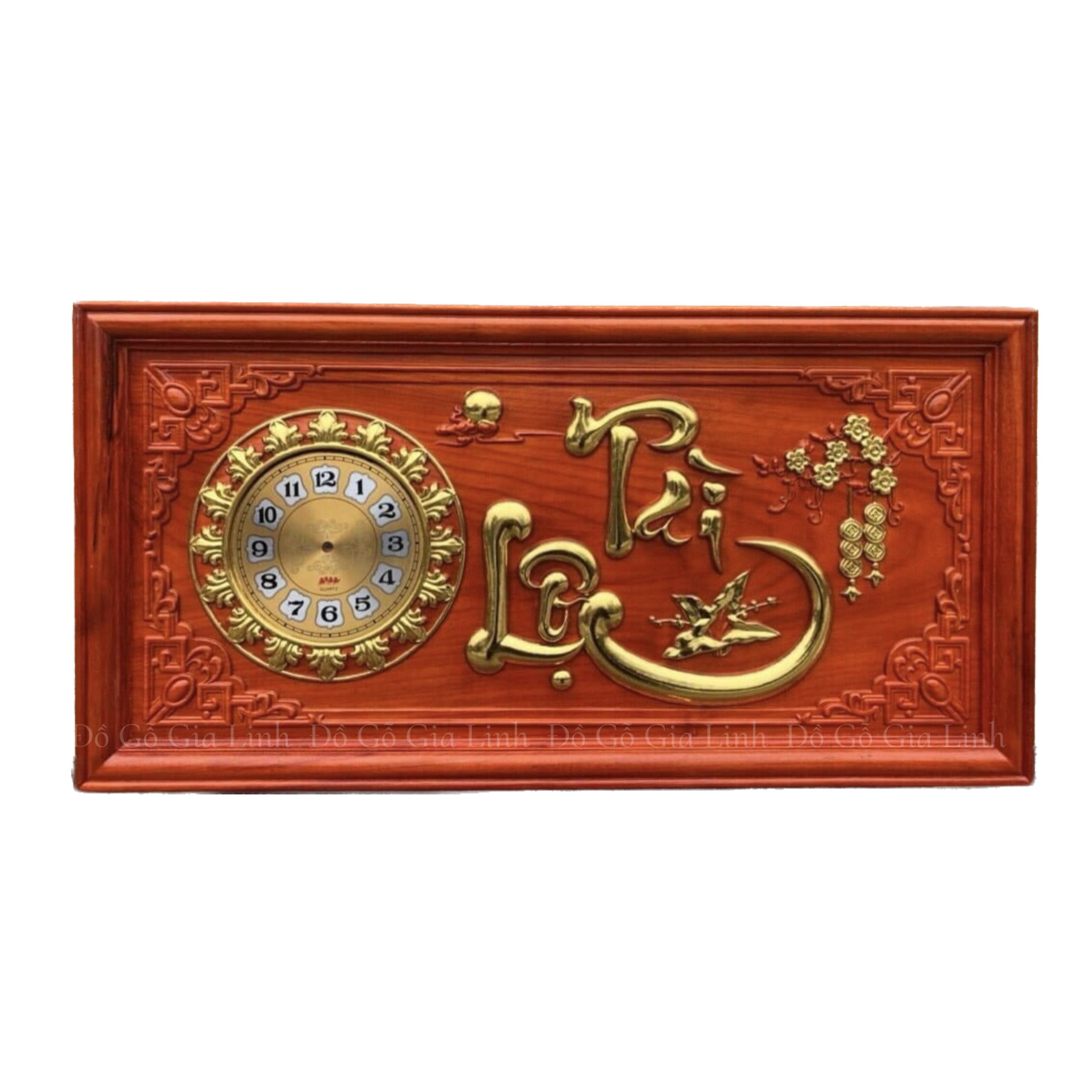 Tranh Đồng Hồ Tài Lộc Gỗ Hương Đỏ Dát Vàng Kích Thước 81cmx41cm