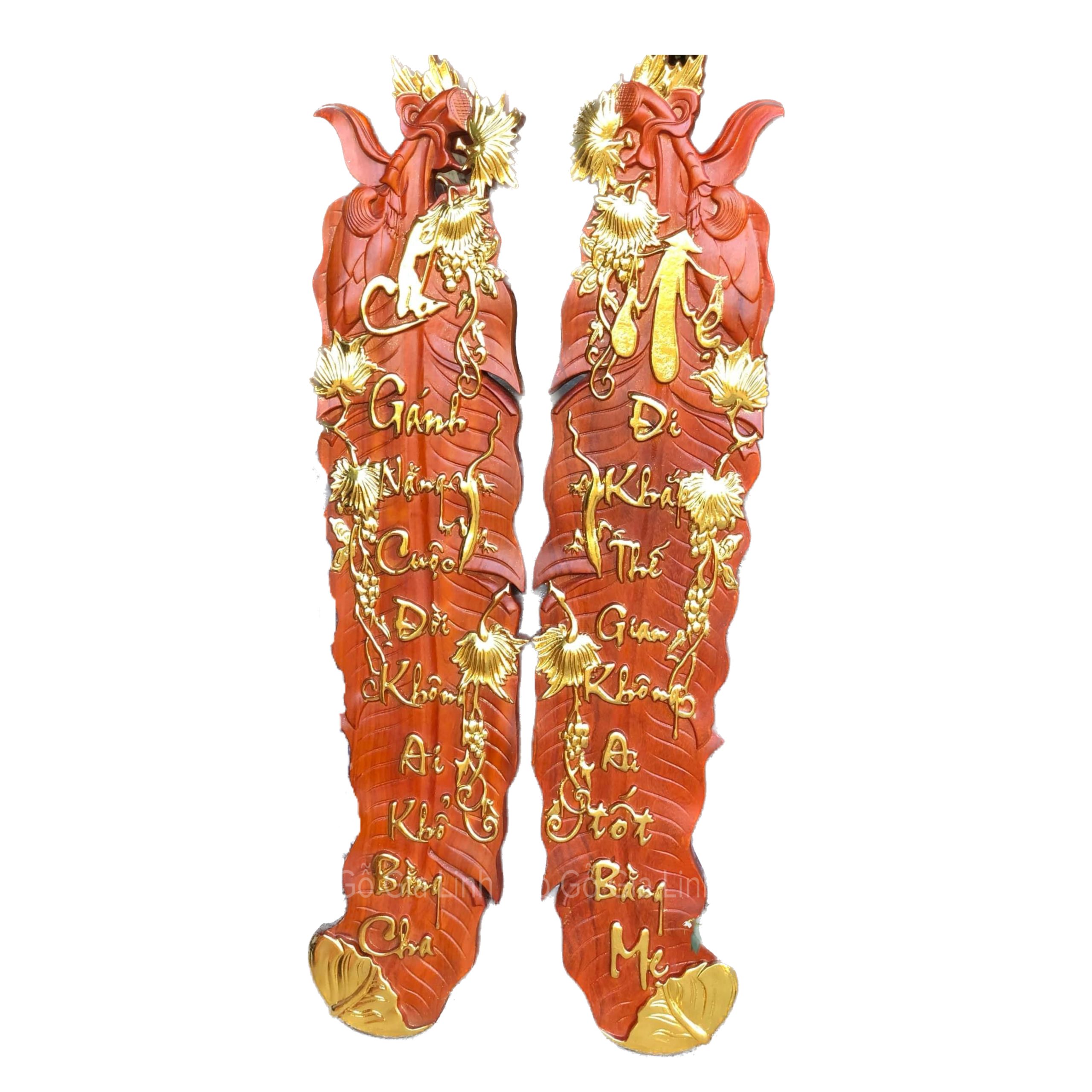Bộ Tranh Lá Chuối Câu Đối Cha Mẹ Gỗ Hương Liền Khối Dát Vàng Kích Thước 1m05x25cmx4cm